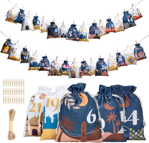 Ramadan Kalender 2025, 30 Ramadan Kalender zum Befüllen Stoff, Ramadan Adventskalender Tüten für Kinder Ramadan Deko, Leere Eid Mubarak Kalender gefüllt Set für Kinder