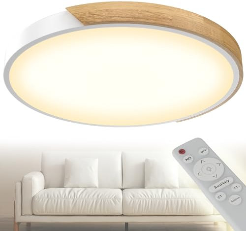 YRHome Deckenlampe Holz LED Deckenleuchte Holz Moderne Deckenlampen Rund Lampen Flach Wohnzimmerlampe Schlafzimmerlampe Lampe Holz für Küche Lounge - Weißer Rahmen - 96W Dimmbar Mit Fernbedienung