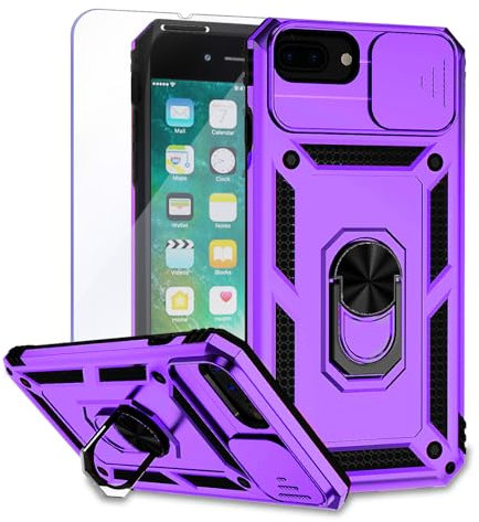 Teayoha Camera Case for iPhone 7 Plus iPhone 8 Plus,with Screen Protectors, Military Grade Shockproof Cover with Magnetic Rotatable Ring Kickstand Protective Case (5.5-Inch),Purple