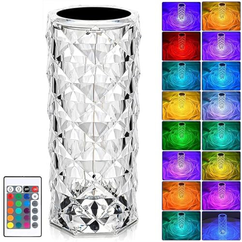 LED Tischlampe aus Kristall,Crystal Diamond Lamp,Kristall Lampe,Acryl Diamant Nachttischlampe [16 Farben & 4 Modi ] Mit Fernbedienung,RGB Farbwechsel Nachtlicht,USB Aufladbar Acryl Tischleuchte