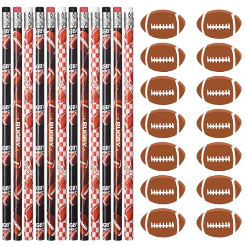 HLenyoy 36 Pièces Crayons de Sports,36 Pièces Gommes de Sports, Crayon à Dessin sur Thème de Rugby Fourniture Scolaire