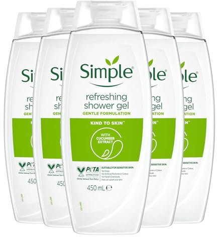 Simple Kind to Skin Refreshing Shower Gel, Pack of 5, Body Wash with Cucumber Extracts and Pro-Vitamin B5 Dermatologically Tested for Sensitive Skin, 450 ml