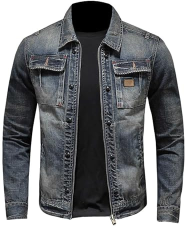 Giacca Jeans Uomo, Giubbotto Estivo Uomo, Risvolto Manica Lunga Giacca di Costume Classico Denim Cotone Loose Tuta Affari Blazer Giacca con Tasche Giacca in Jeans Denim Jacket