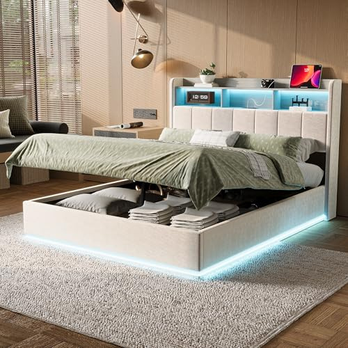 JYNVO Weißes Polsterbett 160x200 mit LED-Beleuchtung, hydraulischem Stauraum und integrierter Ladestation, Staufach am Kopfteil, Doppeltes Stauraumbett für Schlafzimmer