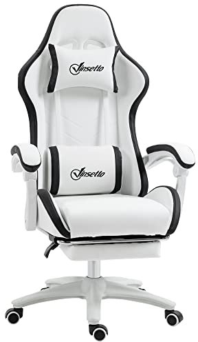 Vinsetto Silla Gaming de Cuero PU y Acero con Altura Ajustable, Silla Gaming Ergonómica con Respaldo Reclinable, 65x65x121-129 cm, Blanco y Negro