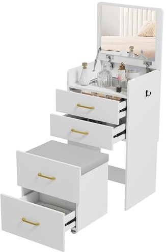 HOMCOM 3 in 1 Dressing Table with Flip-top Mirror and Rolling Stool, Modern Vanity Desk with Visible Glass Tabletop, Drawers and Side Hook, Makeup Table with Cushioned Storage Stool for Bedroom, White