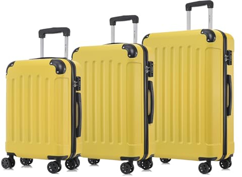 YONSLY Premium Reisekoffer TSA-Schloss,YKK-Reißverschluss Hartschalen-Koffer Trolley Kabinenkoffer Rollkoffer Suitcase Handgepäck 4 Rollen (Gelb, M-L-XL-Set)