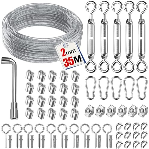 35M 69 Pcs Drahtseil Edelstahl Set,Stahlseil für Kletterpflanzen Rankhilfe | Langlebiges ummanteltes Edelstahlseil, Mit Drahtseilklemme, für Zäune und DIY-Projekte, Wäscheleine, Lichter Hängen, Deko