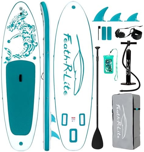 FEATH-R-LITE Aufblasbares Stand Up Paddle Board Ultraleichte Paddleboards - SUP-Zubehör, verstellbares Paddel, Pumpe, Rucksack, Leine, Flossen für alle Schwierigkeitsstufen (3,7 m Meeresschildkröte