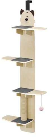 4-Tier Over The Door Cat Tree, 170CM Vertical Door Hanging Cat Shelves with Scratching Post & Pads, Space-Saving Cat Climber for Indoor Cats (4-Tiers)