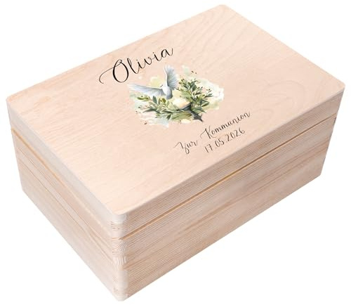 Creative Deco Personalisiert Kommunion Geschenke für Mädchen Jungen | Holzkiste | Taube mit Kerze | Individuelle Geschenk Erinnerungsbox | Erstkommunion Deko