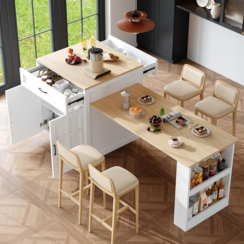 NuvlaGu Mesa de bar extensible de 133 a 202 cm con espacio de almacenamiento, isla de cocina con 2 cajones y 4 compartimentos, mesa de comedor extensible para 2-6 personas, color blanco