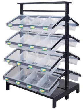 pujindu Commercial Grade 4-Tier Candy & Snack Display Rack, Heavy Duty Steel Frame With 16 Bins, Modular Retail Feed Shelving For Supermarkets(85x75x140cm)