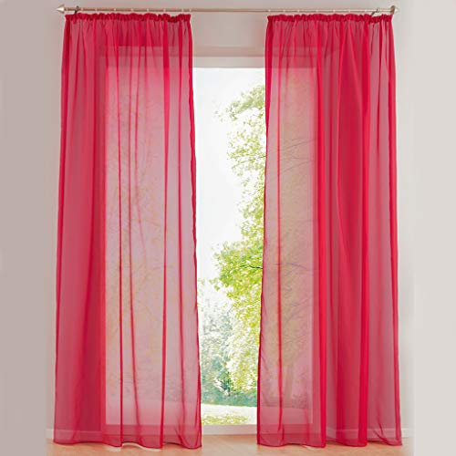 SIMPVALE 2er Set Vorhang durchsichtig Einfarbig Voile-Vorhänge mit Schienenhaken für Gardinen Schlafzimmer Wohnzimmer Balkon, Rose rot, 140X245 cm