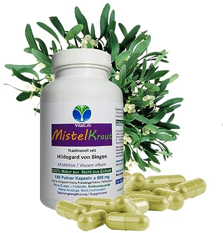 MISTEL Mistelkraut Mistletoe 180 Pulver Kapseln [OHNE Zusatzstoffe] kalt vermahlen traditionell nach Hildegard von Bingen [NATUR pur] 26650-180