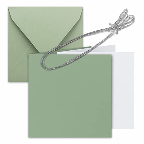 10x Quadratisches Faltkarten Set 15 x 15 cm - mit Briefumschlägen & Einlegeblätter & Schmuckband - Eukalyptus - für Einladungskarten, Hochzeit, Weihnachten - von Gustav NEUSER