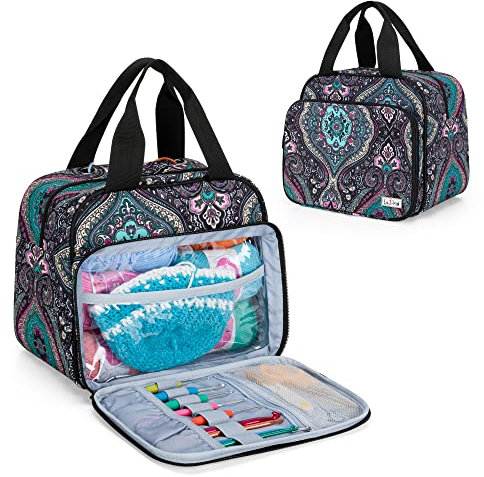 LoDrid Kleine Strick Tasche, Tragbare Garn Aufbewahrungs Tasche zum Strickset, Gehäkelter Strick Tote Organizer für Häkel Zubehör, mit 2 Übergroße Ösen für Tangle Free, Totem, nur Tasche