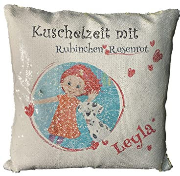 Rubinchen Rosenrot I Pailletten Kissen personalisiert I mit Name I Namenskissen mit Wendepailletten I Kissenbezug inkl. Füllung I Achtsamkeit für Kinder I 40 x 40 cm I Gold-beige I Geschenk Mädchen