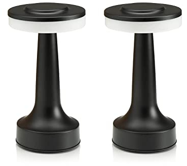 Auraglow Rechargeable Touch Table Lamps Black Twin Pack, Cordless LED | 48 hour battery, anti glare ring, 3 modes, 5 hour charge, for bedside, hotel, restaurant and dining