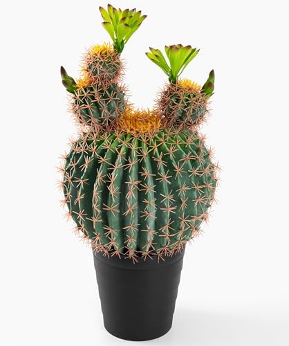 Grande cactus artificiale rustico alto 76,2 cm in fiore con dorsi morbidi — decorazione per piante tra cui vaso nero opaco attraente abbinato, splendide piante grasse finte per casa, ufficio e