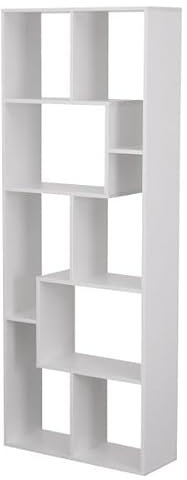 Bücherregal mit 8 Regalen, weiß JANE. Aufbewahrungsmöbel, Zick-Zack-Regal mit modernem Design für Wohnzimmer, Schlafzimmer oder Büro. Regale zur Aufbewahrung von Büchern und Dekorationen.