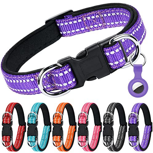 AUAUY Reflektierend Halsband Hund, Verstellbares Atmungsaktives Hundehalsband, Weich Gepolstertes Neopren Nylon Hunde Halsband mit AirTag-Hülle Doppel-D-Ring für Kleine Mittel Große Hunde(Violett-M)