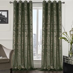 always4u 100% Blickdichte Gardinen, Samtvorhang mit Golddruck für Wohnzimmer Schlafzimmer Balkon,Wärmeisolierende Verdunklungsvorhänge mit Ösen, Glänzend Elegant, Salbeigrün 2er Set 140x260cm