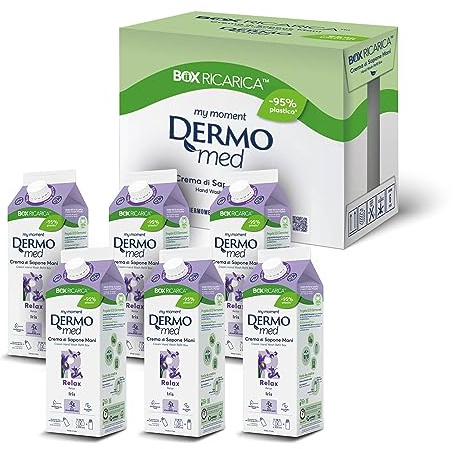 Dermomed, Eco-ricarica Sapone Liquido Mani Relax. Pelle morbida e vellutata. Contiene acido ialuronico e glicerina dalle capacità emollienti, idratanti e riparatrici del derma. 6 Pezzi 900ml
