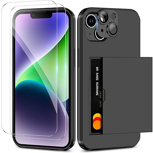 Coolden for iPhone 15 Case with Card Holder & 2 Screen Protector + 1 Camera Lens Protector Full Body Heavy Duty Protective Case Armor Shockproof Wallet Case Cover for iPhone 15 Phone Case-Black