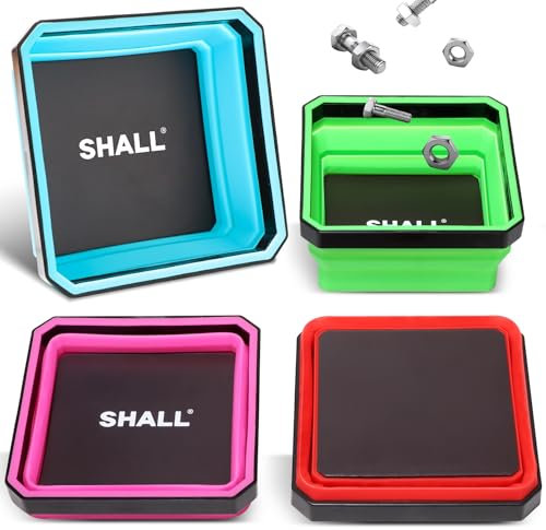 SHALL New Version Collapsible Magnetic Parts Tray Set, 4-Pack Magnetic Tool Trays for Screw Bolts Nuts Washers Pins & Small Metal Parts, 4.5” Square Silicone Foldable Bowls w/Dual-Sided Magnetic Base