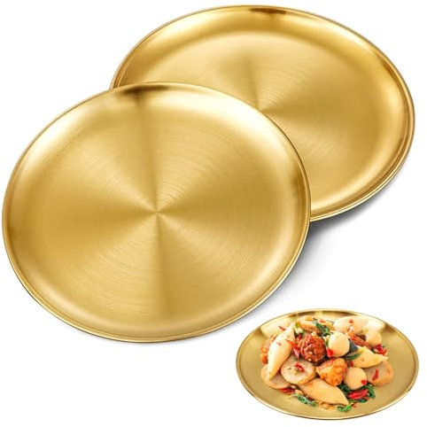 ZSMJAER 2-teiliges Serviertablett, rund, aus Edelstahl, dekoratives Tablett für die Gastronomie, Obstteller, Kuchenplatte, Tortenständer, Gold, 30 cm