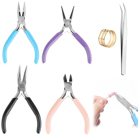 VFANDV Pinze per Bigiotteria 4 Pinze, 4.5 Pollici Pinza a Taglio Laterale Pinza a Becco Pinza Becchi Tondi Pinze Tronchesi Mini Pinze per la Creazione di Gioielli con Pinzetta e Apri Anelli a Molla