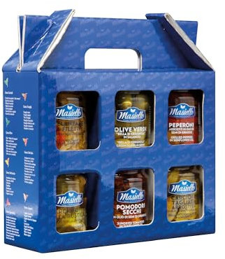Masiello, Antipasti-Box mit Gegrillten Artischockenscheiben, Getrockneten Kirschtomaten, Auberginenfilets, Gerösteten Paprikaschoten, Artischocken und Grünen Oliven