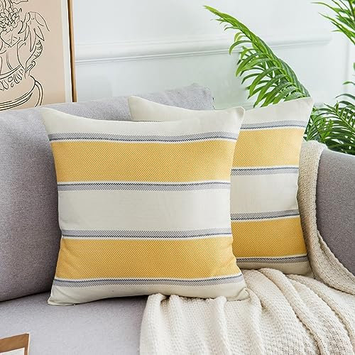 Kissenbezüge 2er Set Kissenbezüge Leinen Kissenhülle Moderne Streifen Dekokissen Sofakissen Kissenbezüge Home Deko für Sofa Gartenbett Büro Couch Kissen 45x45cm Gelb
