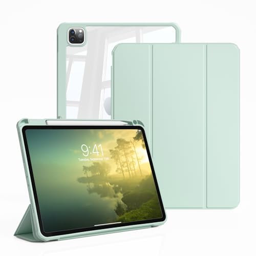 ZKTUYU Hülle für iPad Pro 11 4./ 3./ 2./1. Generation 2022/2021/2020/2018 mit Stifthalter, Durchsichtig Acryl Stoßfeste Schutzhülle, Kann Pencil 2 Aufladen, Auto Schlafen/Wachen, Grün