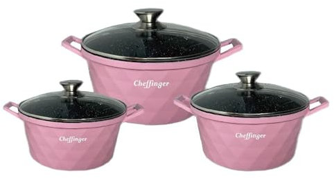 Diamant Kochgeschirr 6 teilig Topf Induktion Alu Guss Kochtopfset Marmor Pink
