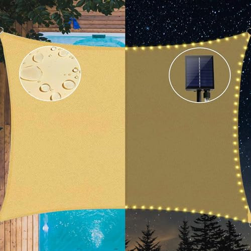 ABIUBIU wasserdichte-Sonnensegel 3x3.5m mit eingebauter LED-Solar-Lichterkette, 98% UV-Schutz, reiBfest, wetterfest, für Terrasse-Garten-Terrasse-Rasen