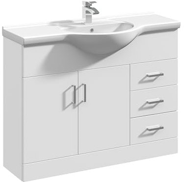 Balterley Vanity Unit with Basin Floor Standing, 2 Door 3 Drawer Soft Close with Curve Sink & Handle, Bathroom Vanity Units with Basin, Bathroom Sink Storage Cabinet - 1060 x 485 x 836mm (White)
