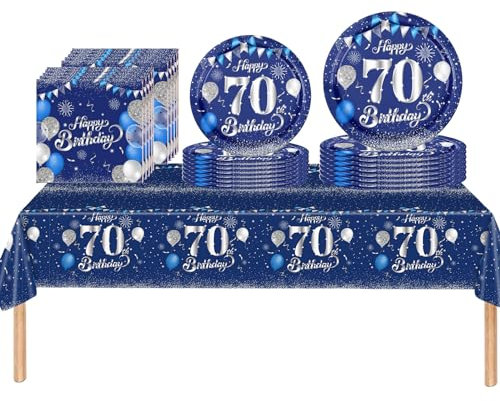 53Pcs Reusable Navy Blue and Sliver Happy 70th Birthday Party Tableware Set,Biodegradable Paper Plates Napkins Table Cloth Reusable 70th Birthday Table Decorations Tableware Kit for Man Men