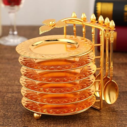 YOtat 6Pcs Alloy Cake Plates Spoon Display Stand Kitchen Dessert Tray Coffee Mixing Tableware Spoon Holder Organizer Wedding Decorate (D 23.6X14.2Cm) (D 23.6X14.2Cm)