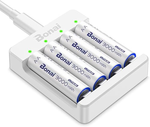 BONAI Piles Rechargeables Lithium AA 1,5V - Chargeur Rapide avec 4 Packs d'Accus 3000mWh Haute Capacité, Faible Auto-décharge, Protection de Charge Intelligente - Chargeur de Type C