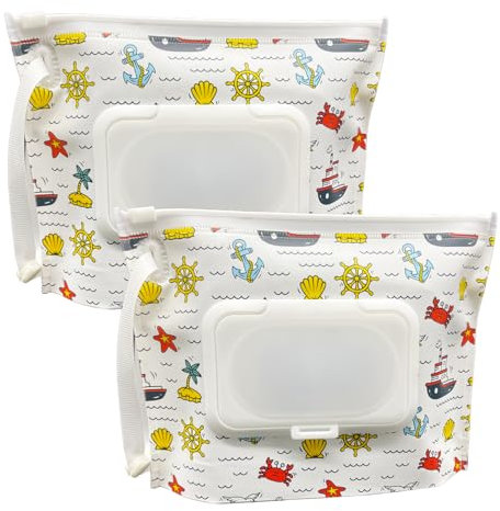 2 Pack Small Size Portable Wet Wipe Pouch Container (7’’ x 5.4’’), Reusable & Refillable Baby Wipes Case Holder, Eco Friendly Handy Travel Diaper Wipes Carrying Dispenser (Small Boat)