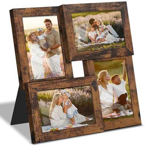 DUENPY 4x6 Collage Picture Frame Tempered Glass Front, Displays Four 4x6 Photo, Family Photo Collage Frame, Wall Decor Wall Hanging or Tabletop, Brown