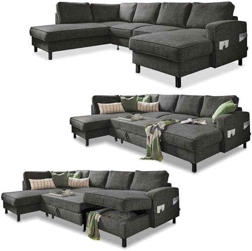 MIUFORM Molly U mit Bettkasten | limitierter Polsterstoff | 8 Sitzer Ecksofa | L-Form Links | 298 x 198 x 88cm Couch | Klappsofa mit Schlaffunktion | Schlafsofa klappbar (Dunkelgrau)