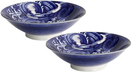 TOKYO Japonism Kranich-Schalen 2er Set, große japanische Suppen- & Ramen-Schalen, blau-weißes Porzellan, Ø 25,2 cm, 1600 ml, traditionelles japanisches Design, Servierschalen für Nudeln & Salate