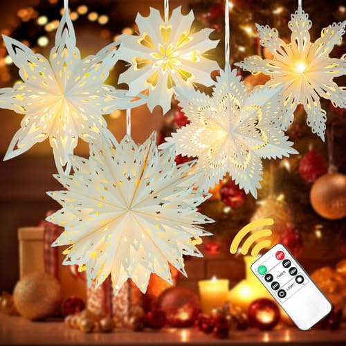 5 Stück Weihnachten Papier Schneeflocke Laternen Weihnachten Papier Stern Laterne mit LED Licht Weiß Hängelampe Ornamente für Weihnachtsbaum Neujahr Winter Frozen Hochzeiten Geburtstag Urlaub Party