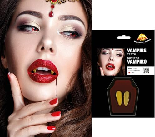 FIESTAS GUIRCA | Gold Vampire Fangs (One Size) - Makeup Accessory for Vampire Costume and Halloween - Ideal for Unisex Adults - Gold