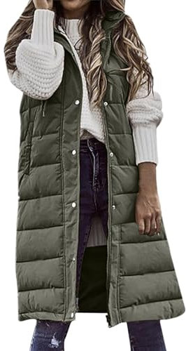 Komiseup Weste Damen Lang Steppweste Winter Daunenweste Übergangsweste Winterjacke Longweste Winterweste Leichte Warm Gesteppt Casual Reißverschluss Pufferjacke mit Kapuze Outdoor Daunenmantel