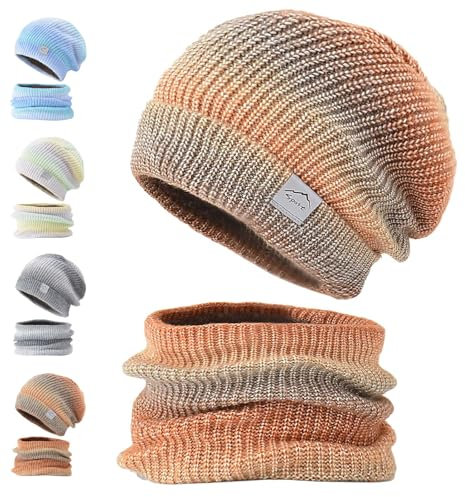 Eachans Winterstrickmütze, Wintermütze Strickmütze mit Loopschal Damen Warme Mütze Beanie Herbst Winter Schal und Mütze Set