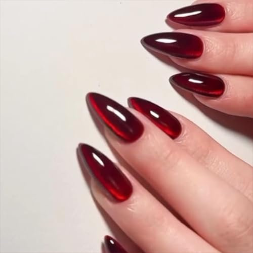 24pcs Rote Cat Eye Falsche Nägel Mandel, Französisch Künstliche Nägel Zum Aufkleben Reine Farbe Vollabdeckung FalscheNägel, Kunstnägel Natürliche für Frauen Maniküre Nail Art (Rot Mandel, 24x)